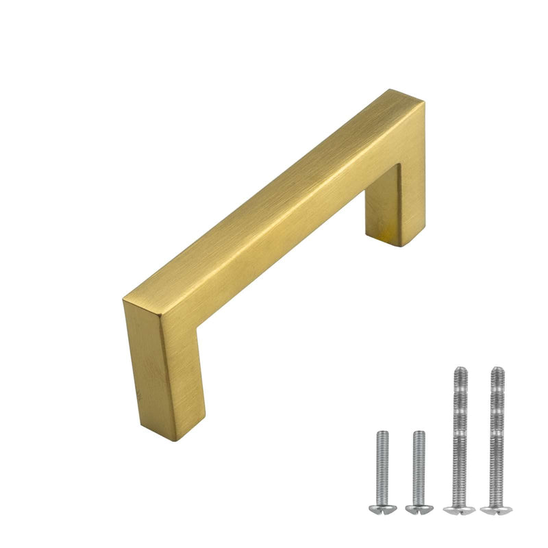 Modket Euro Square Cabinet Handle Pull 304 Stainless Steel — 3-3/8" Overall Length, 3" (76mm) Hole Centers, Brushed Satin Brass Gold— 10-Packs 3-3/8" Length (3" [76mm] Hole Center)