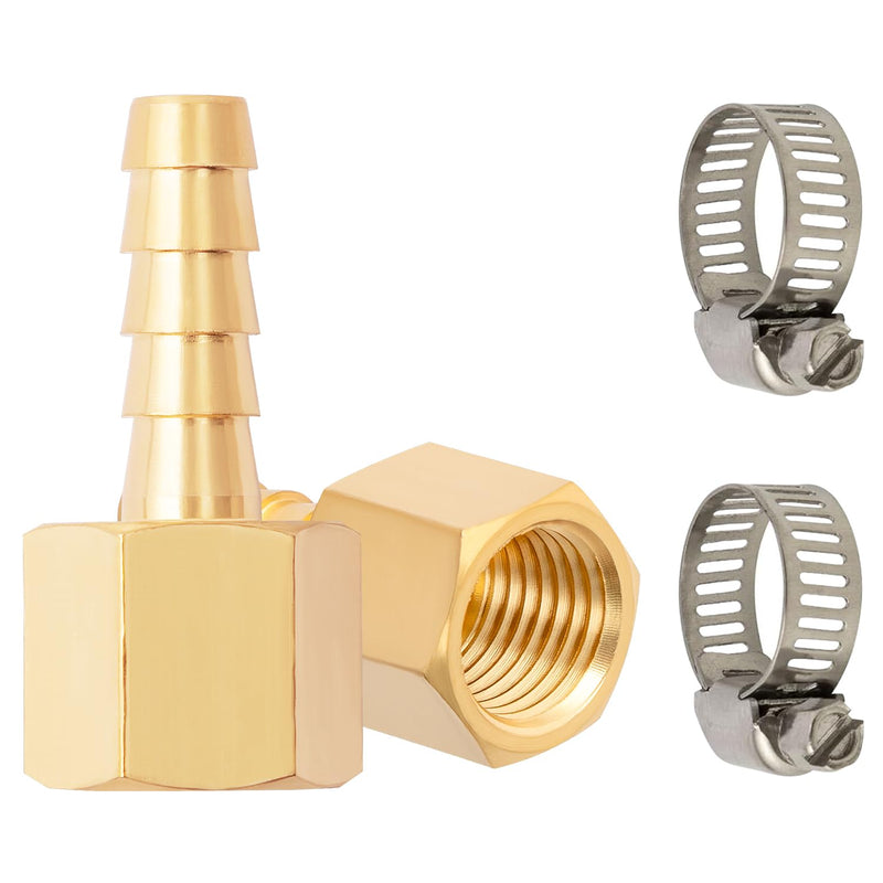 [Australia - AusPower] - SUNGATOR 1/4'' Female Hose Barb Fitting, 1/4 Inch Barb × 1/4 Inch NPT Female Brass Hose to Barb Adapter, Barbed 1/4'' Female NPT Hose Connector with 2 Hose Clamps (2 PCS) 1/4" Barb x 1/4" NPT Female 2 Pack 