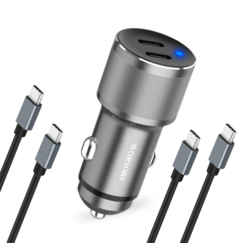 [Australia - AusPower] - Dual USB C Car Charger, 60W PD (30W + 30W) Super Fast Charging Adapter Metal for iPhone 15 Pro Max, Samsung Galaxy S24 Ultra/S24 Plus/S24/S23/S22/S21, Note 20/10, iPad Pro + 2X Type C to C Cable 3.3Ft Gray 
