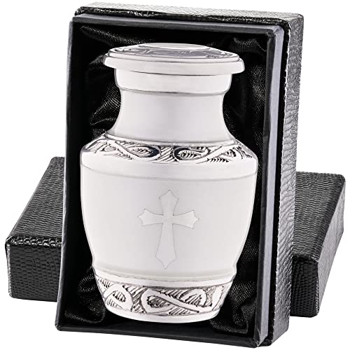 Olivia Memorials Small Urn for Ashes for Women or Men - White Mini Urns Religious Cross Male or Female Human - Cremation Keepsakes - Memorial Jesus Cross Urn Catholic Protestant God's Love - White Keepsake - 1 Count