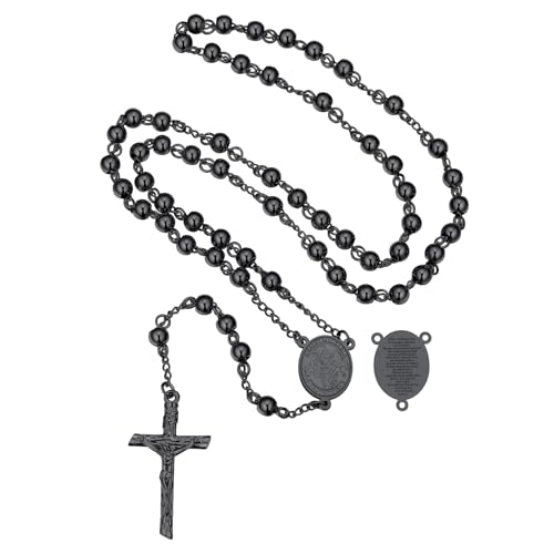 FaithHeart Rosary Beads Catholic Necklace for Men, St Michael/St Christopher/Virgin Mary Prayer Rosaries with Crucifix Cross Stainless Steel Praying Rosary Necklace Saint Michael-Black Steel Bead