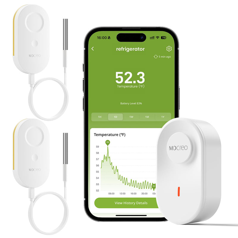 MOCREO WiFi Thermometer Freezer Alarm, Email Alert, App Notification, Data Record Export, No Subscription Fee, 2 Remote Wireless Temperature Sensors for Refrigerator, Freezer, Hot Tub 1 No LCD Hub + 2 Sensors
