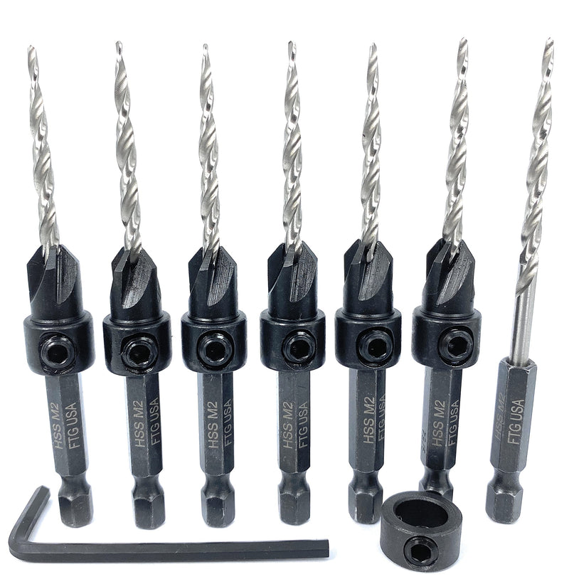 FTG USA Tapered Countersink Drill Bit Set 6 Pc #6 (9/64") Countersink Bit Same Size, 1 Tapered Drill Bit Replacement, Wood Countersink Drill Bits #6 (9/64") 6 Bits w/cutter + 1 Bit w/o cutter