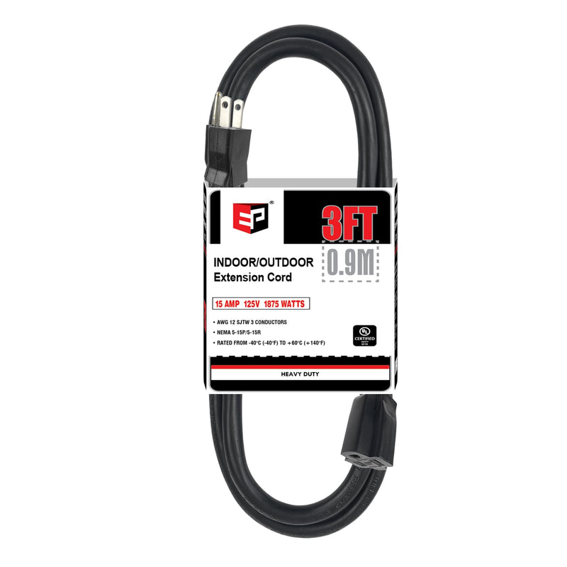 [Australia - AusPower] - EP 3 Ft Extension Cord - 12/3 SJTW Heavy Duty Black Extension Cable with 3 Prong Grounded Plug - Power Cord for Lawn, Garden, Appliances 3ft 