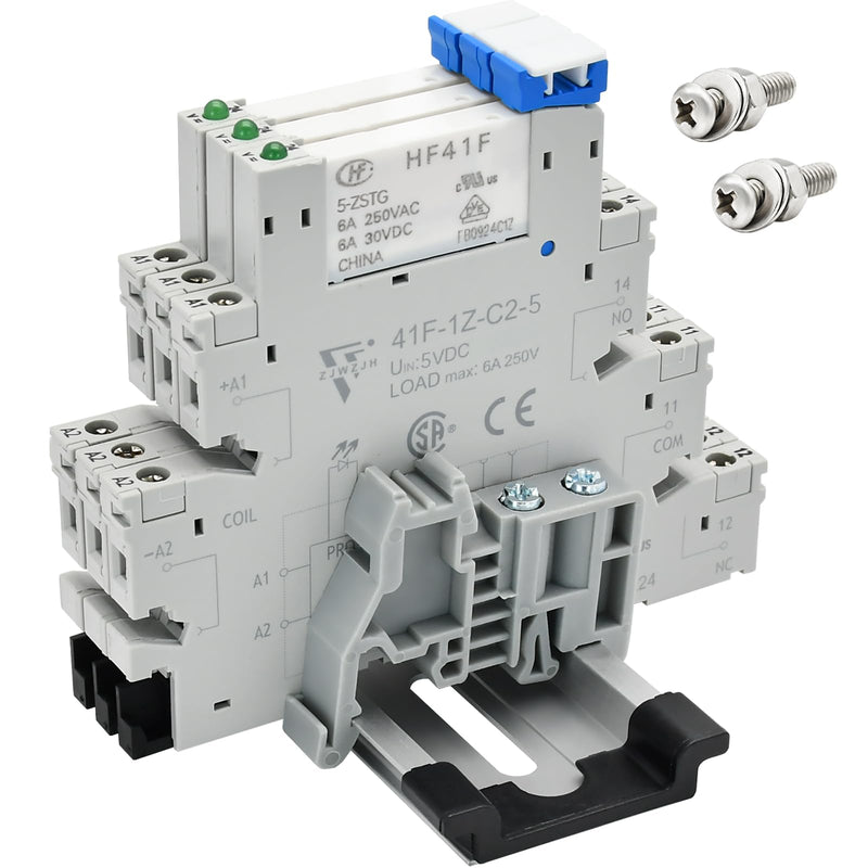[Australia - AusPower] - 3 Pcs Miniature 5 Volt DC Relay HF41F/5-ZS 5 Pin 1NO 1NC 6A SPDT with LED Indicator, Socket Base and DIN Rail Module 5V DC 3 