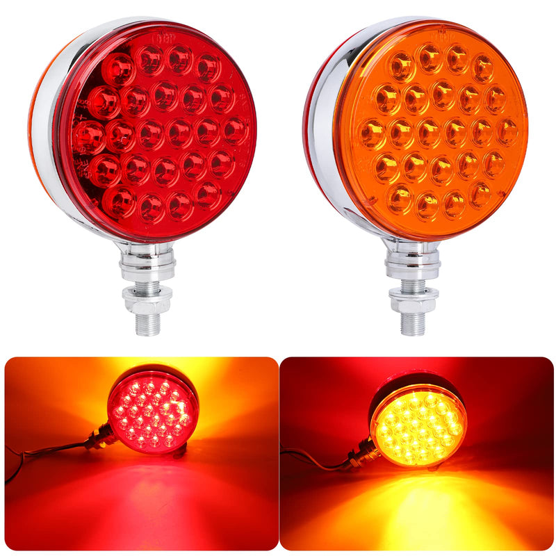 [Australia - AusPower] - 2pcs 4 Inch Amber Red Round Double-Face Pedestal Fender Light with Stud Mount, 48 LED Stop Turn Tail Signal Trailer Light for Semi Truck Peterbilt Kenworth Freightliner Towing Dual-Face Waterproof 