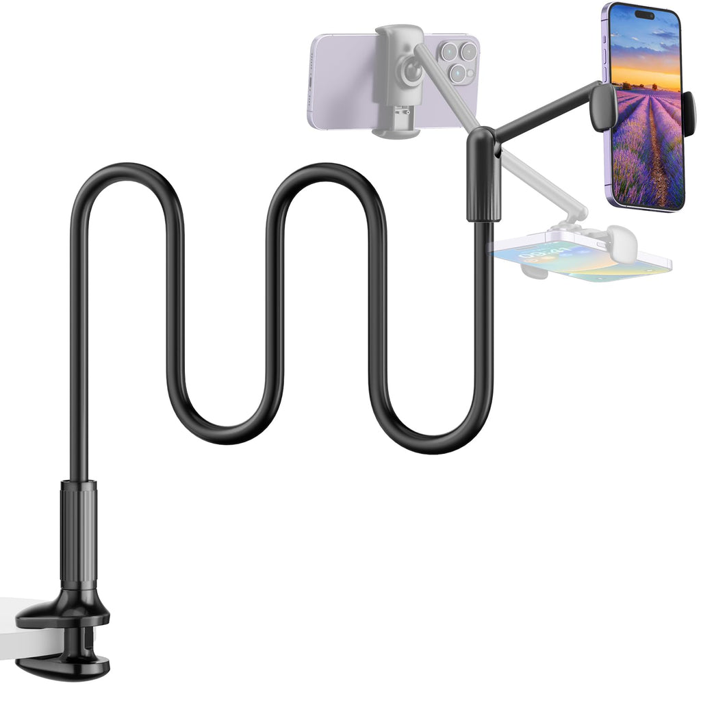 [Australia - AusPower] - SAIJI Gooseneck Phone Holder for Bed, 360° Rotate Support Rod One-Hand Adjustable Cell Phone Stand, Compatible with All 4.7-7" Devices(Black) Black 