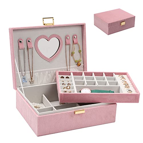 Dajasan Jewelry Box for Teen Girls Women, 2 Layers Jewelry Organizer with Mirror, Removable Jewelry Tray, Jewelry Storage Case, Gift Idea for Teenagers, Striped Velvet (Pink) Pink