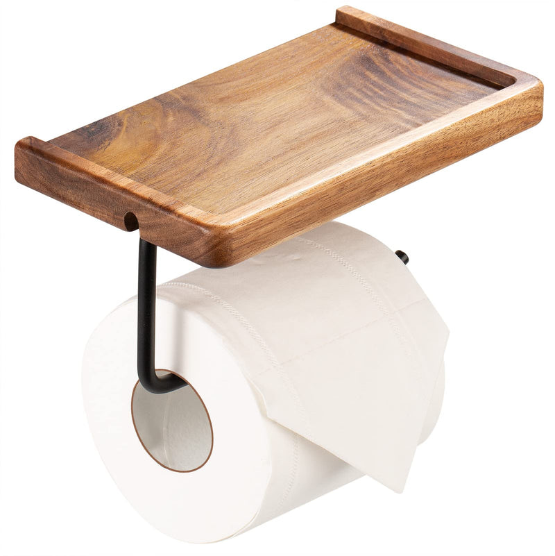 Yangbaga Toilet Paper Holder with Shelf: Wall Mount Bathroom Tissue Roll Storage with Adhesive& Screw, Matte Black Aluminum Alloy Bathroom Accessories Wood Shelf for Phone Wipes 7.5in*4.3in*3.46in