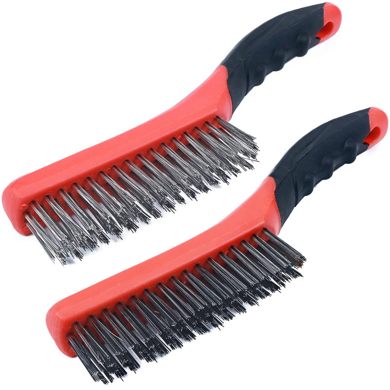[Australia - AusPower] - TAKAVU Heavy Duty Wire Brush Set 2pcs, Carbon Steel and Stainless Steel Wire Scratch Brush with 10" Curved Plastic Handle for Cleaning Rust, Paint, Welding 2pcs Heavy Duty Wire Brush 