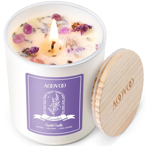 AOOVOO Lavender Scented Candles for Women - Aromatherapy Candle with Crystals Inside, 10oz Soy Candles for Home Scented, Birthday Gifts Mothers Day Candle for Women Mom Lavender Candles