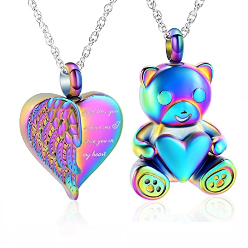 shajwo 2PCS Cremation Jewelry Angel Wing Heart Teddy Bear Urn Necklaces for Ashes for Women Girls