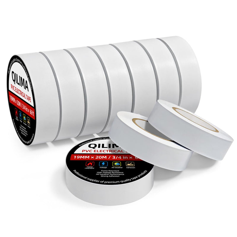 QILIMA 10 Rolls White Electrical Tape, Professional PVC Lead-Free Insulation, Waterproof & Flame Retardant Rated to 176°F, Ideal for Household Wire Labeling, Marine & Outdoor Projects 19mm*20m