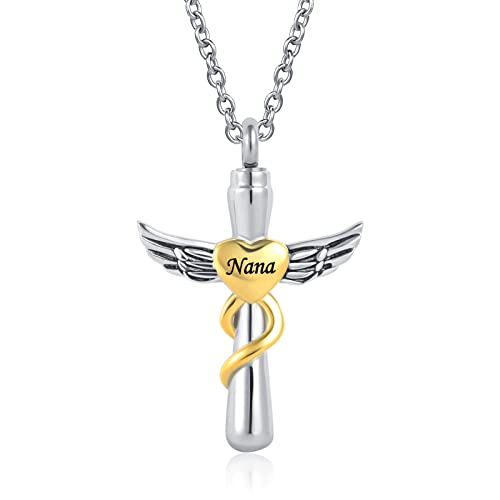 Angel Wings Urn Necklace Cross Cremation Jewelry Keepsake Memorial Dad Mom Sister Grandma Grandpa Ashes Nana