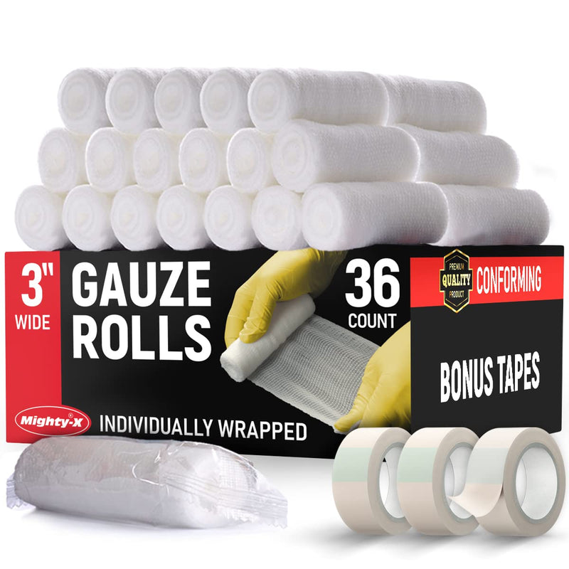 [Australia - AusPower] - Premium Gauze Rolls - (36 Pack) - 3" x 4.1yd First Aid Rolled Gauze - Individually Wrapped + 3 Free Bonus Tapes - Conforming Breathable Gauze Wrap Roll for Wounds 36 Pack (3 in) 