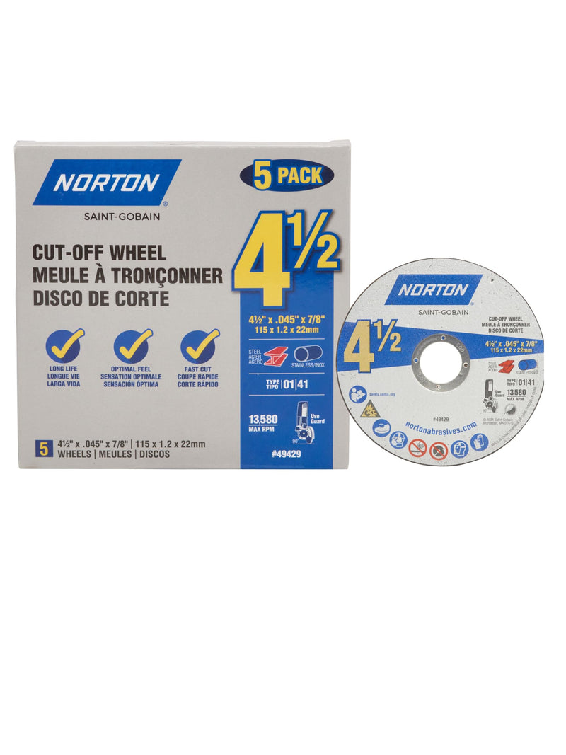 [Australia - AusPower] - Norton 4-1/2-Inch Cut Off Wheels for Metal, Premium Abrasive Discs for Angle Grinder, 5 Pack 