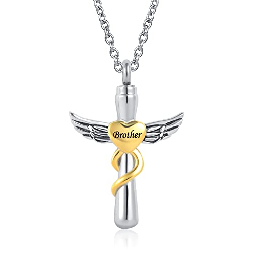 Guardian Angel Wing Cremation Urn Necklace for Ashes Cross Heart Love Memorial Keepsake Pendant Jewerlry Women Brother