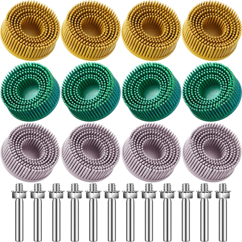 [Australia - AusPower] - 12 Pieces 2 Inch Bristle Disc Grits, 120# 80# 50# Abrasive Bristle Disc with 1/4 Inch Shank Attachment, White Green Yellow Gasket Coating Removal Disc for Metal 