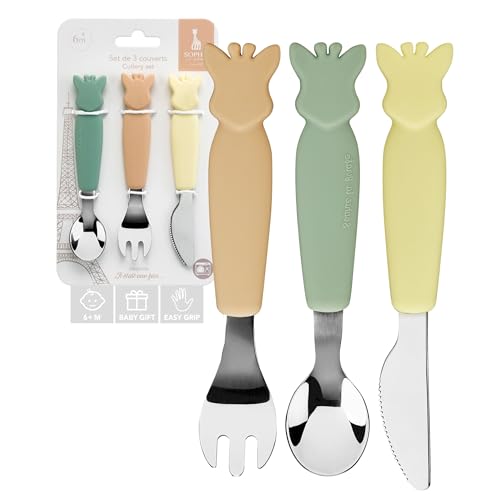 Sophie la girafe Baby Cutlery Set for Toddlers and Babies Easy Grip Fork Spoon and Rounded Safety Knife Stainless Steel First Feeding Utensils for Self Feeding