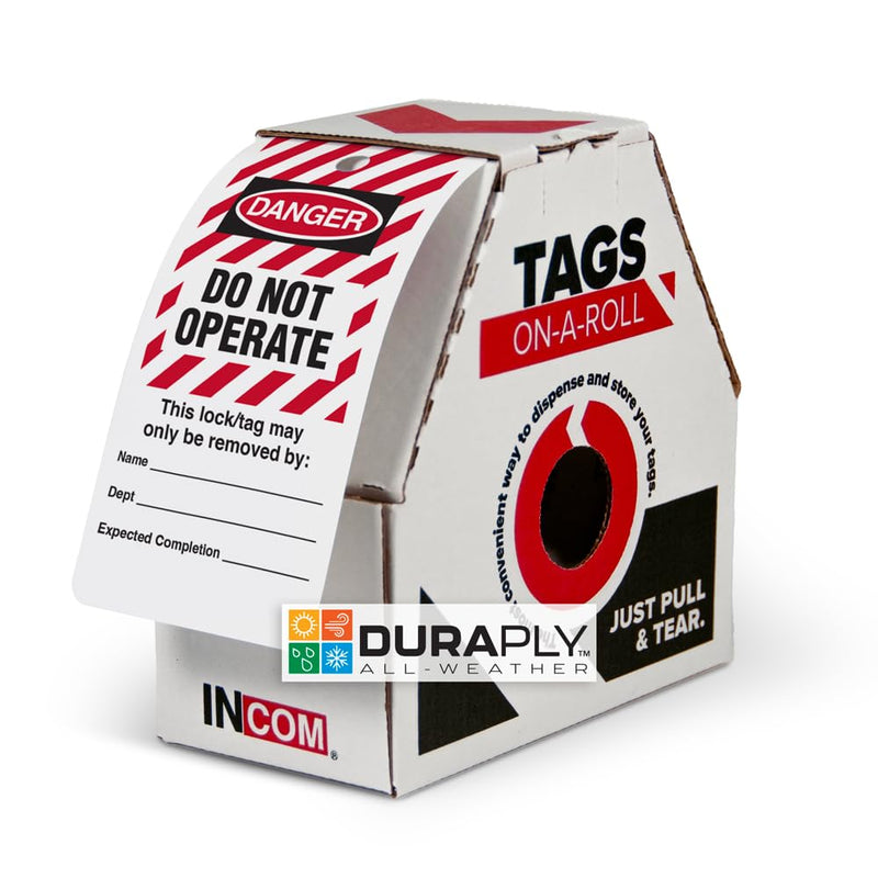 INCOM Manufacturing Lockout Tags On A Roll, Danger Do Not Operate, Heavy-Duty DuraPly® Stock, Waterproof and Tear-Resistant, Red/Black On White, 6.25 Inch X 3 Inch X 10 Mil Thickness, 100 pack