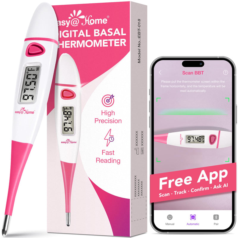 [Australia - AusPower] - Easy@Home Basal Body Thermometer: BBT for Fertility Prediction with Memory Recall - Accurate Digital Basal Thermometer for Temperature Monitoring with Premom App - EBT-018 (Pink) Pink 