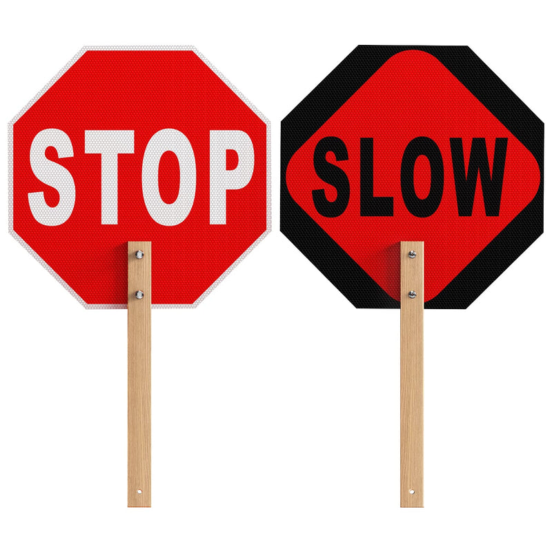 [Australia - AusPower] - Stop Slow Sign, Double Sided Street Slow Warning Reflective Signs, 13x13in Octagon Rust Free Aluminum, with Bamboo Handle, UV Protected and Waterproof, Weather Resistant, Durable Ink, Easy to Mount 