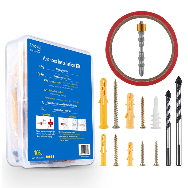 [Australia - AusPower] - amoolo 106pcs Concrete Anchors and Screws Assortment Kit, for Drywall, Concrete Wall, Tile, Ceramic, Brick, Cinder Block, Etc. with a Magnetic Screwdriver Bit and Masking Tape. Anchors Installation Kit 106pcs 