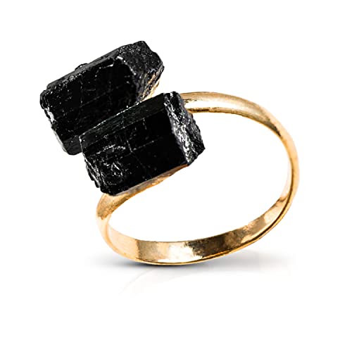 AYANA Adjustable Healing Crystal Ring | Handmade bypass ring for women with Gold-plated Copper | Statement Rings with Ethically Sourced Natural Healing Crystal Gemstone (Tourmaline)
