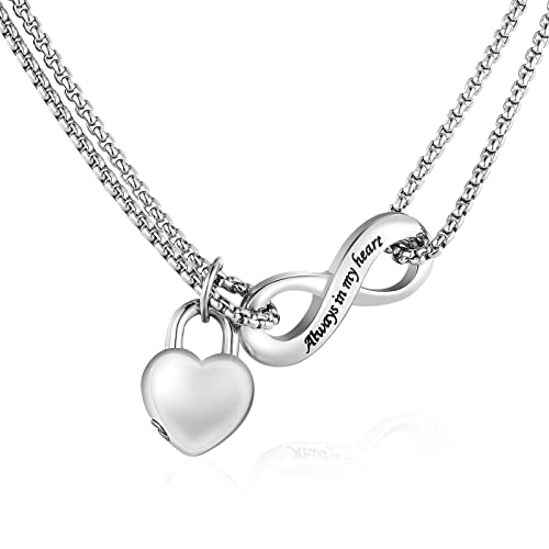 XIUDA Infinity Urn Necklace for Human Ashes Always in My Heart Cremation Necklace Stainless Steel Memorial Ash Jewelry for Women Silver