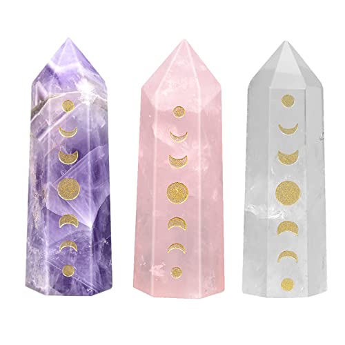 TUMBEELLUWA Moon Phase Crystal Wands for Healingcraft Wiccan Purple & Pink & White