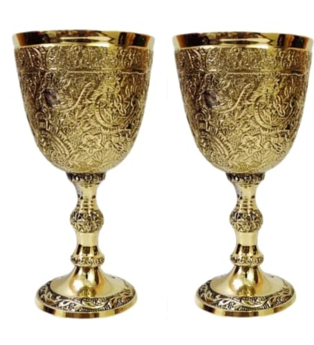 Bona fide 2 pieces brass goblet embossed design,Premium Goblet Champagne Flutes Coupes Wine drinking Glass,tumbler cups for water juice milk beer ice tea set of 2 pieces brass chalice cup 7 oz each