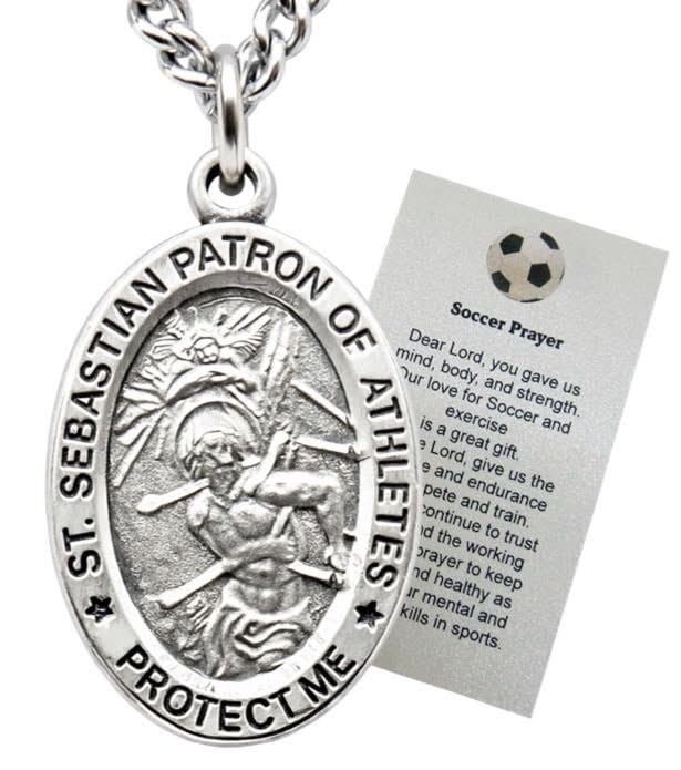 Westmon Works St Sebastian Soccer Medal Set with Pewter Pendant Medallion on a Stainless Steel Chain Prayer Card Boxed
