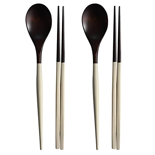 Korea Traditional Reusable Lacquer Wooden Chopsticks & Spoon Set, 2 Pair (Ivory) Ivory