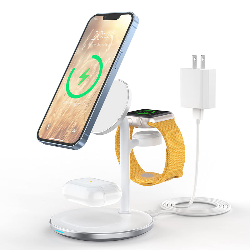 [Australia - AusPower] - 3 in 1 Wireless Charging Station for Multiple Devices, 15W Fast Wireless Mag-Safe Charger Stand for iPhone 14 13 12 Pro Max/Plus/Pro/Mini, Mag Charger for iWatch Ultra/8/7/SE/6/5/4/3/2, AirPods White 