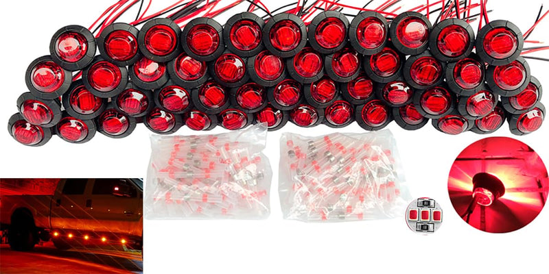 50pcs 3/4 side marker lights Red Clearance Lamp Small Round Amber LED Side Marker Indicator Turn Signal Light Truck Trailer Bus Marine RV Automobiles Flatbed with heat shrink butt connectors 50pcs