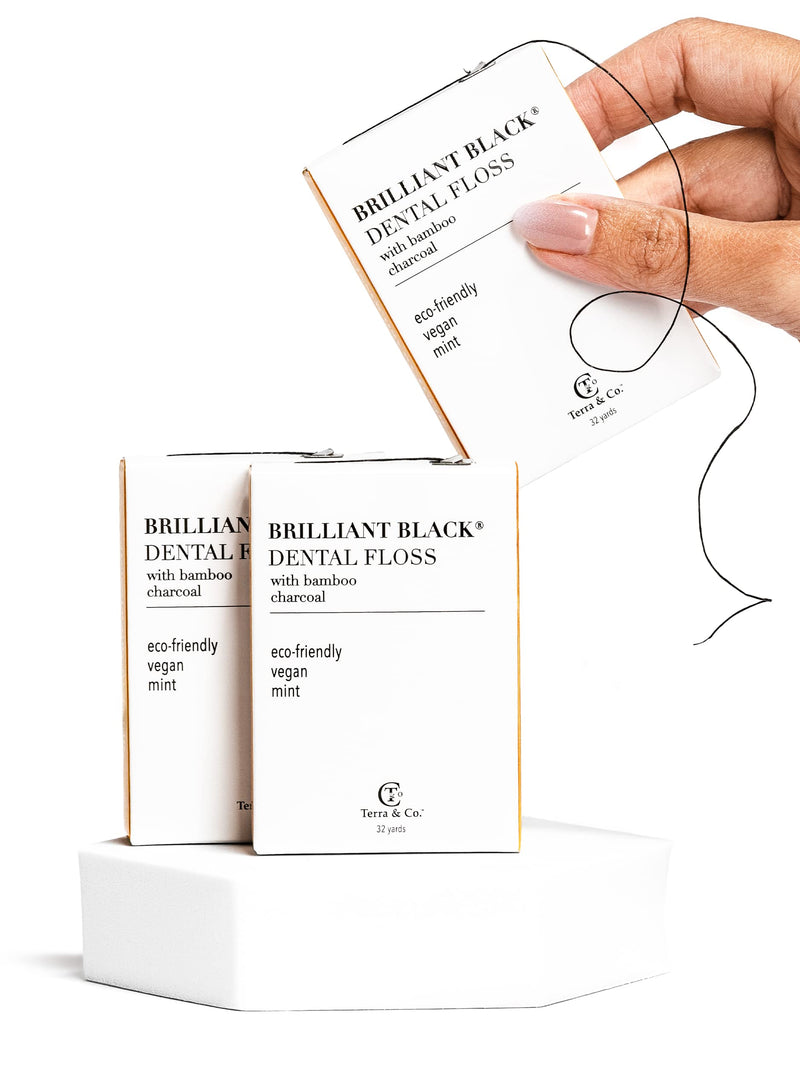 Terra & Co., Brilliant Black Dental Floss (3 Pack) | Organic Teeth Whitening Products | All Natural, with Activated Bamboo Charcoal | Vegan & Cruelty Free | Luxury Dental Care 96 Foot (Pack of 3)