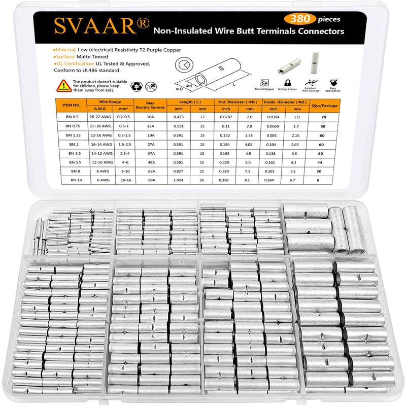 [Australia - AusPower] - 380 PCS Non Insulated Butt Connectors Kit,Butt Splice Connectors,Non-Insulated Wire Connectors for 26 to 6 gauge Wire Marine Grade Tinned Copper Crimp Butt Splice Uninsulated Butt Terminals 6-26 AWG Assortment Kit-380pcs 