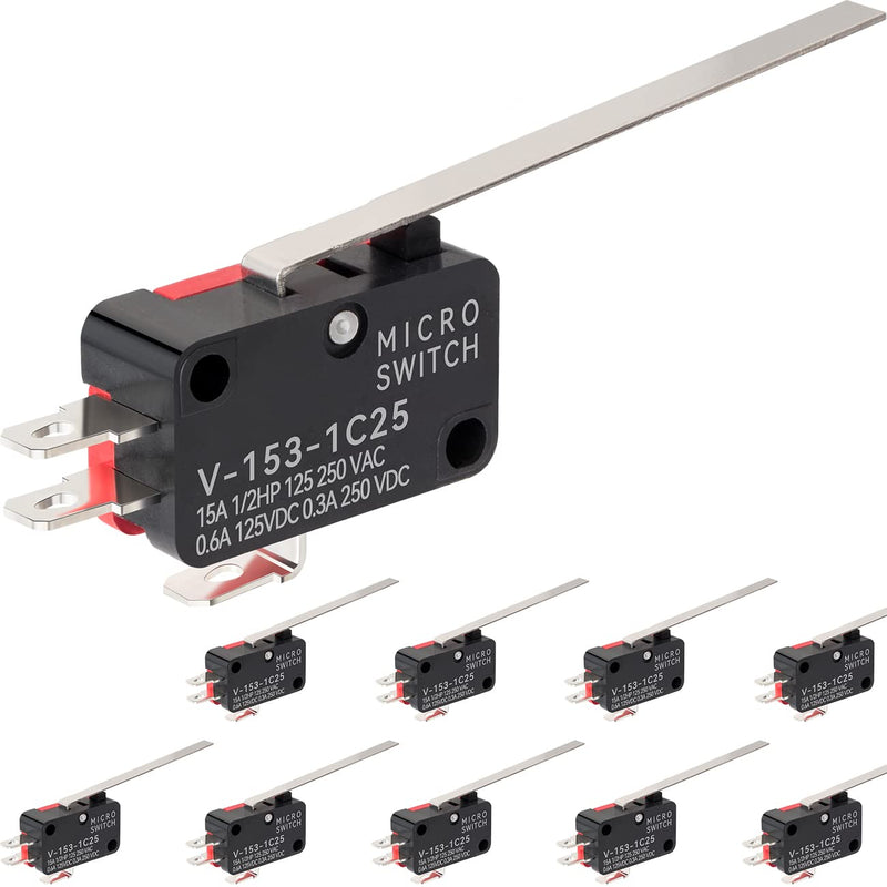 [Australia - AusPower] - 10Pcs Lead Limit Switch Long Straight Hinge Lever, SPDT 1NO 1NC Snap Action Micro Switch V-153-1C25 