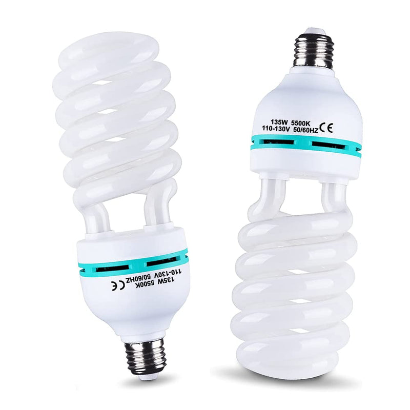 2Pcs 135W Light Bulb 5500K CFL Roas Daylight Spiral Softbox Lighting Kit Bulb in E27/E26 Socket for Photography Photo Box