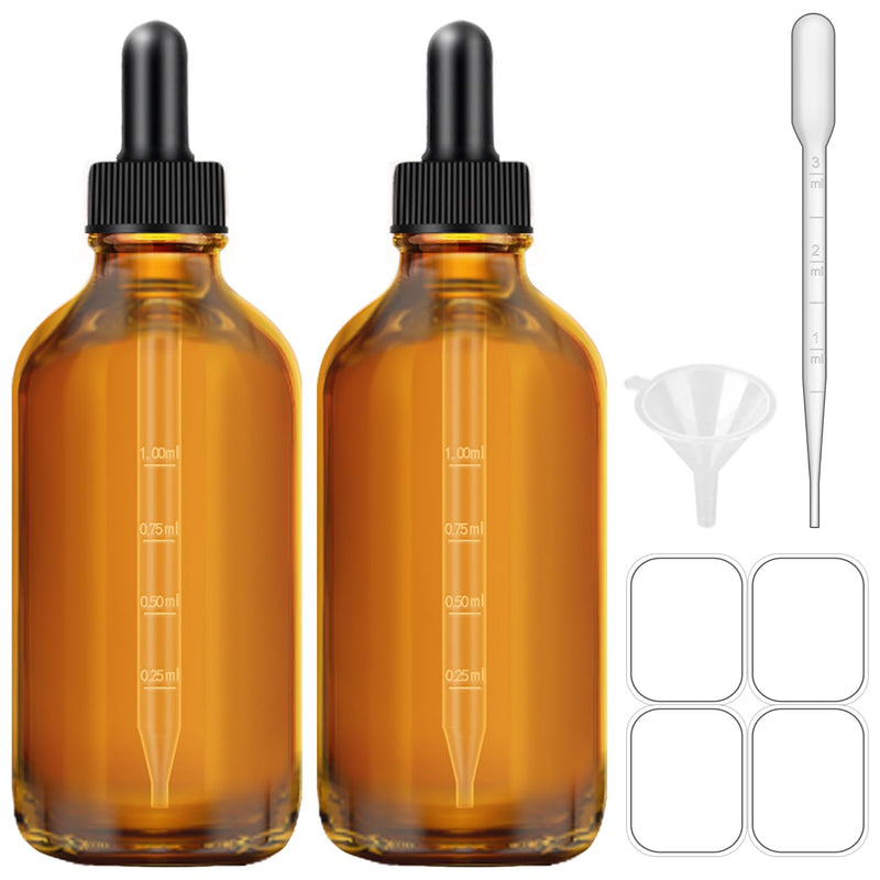 [Australia - AusPower] - 2 Pack 4 oz Amber Dropper Bottles, Tincture Bottles with Dropper, Glass Serum Bottle with Dropper for Essential Oils with Funnel, Labels & Pipette(Unbreakable Plastic Eye Dropper) 