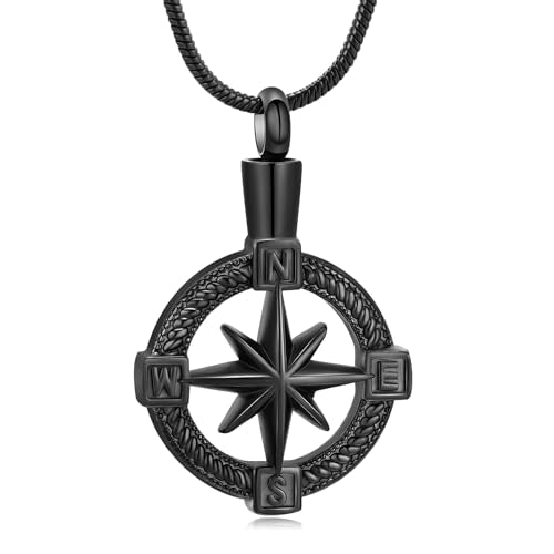 Oinsi Compass Cremation Pendant Necklace For Ashes For Men Women Stainless Steel Memorial Urn Jewelry Keepsake Holder Necklace Black
