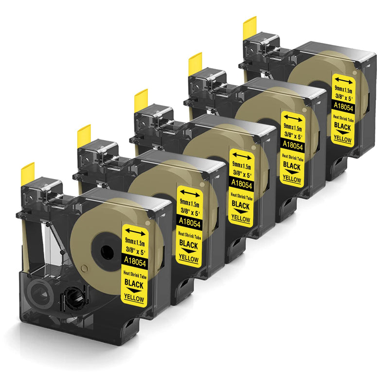Compatible Label Tape Replacement for DYMO 18054 Heat Shrink Tube Labels, Use with DYMO Rhino 5200 4200 5000 6000 Industrial Label Makers (Black on Yellow, 3/8" x 4.9'), 5-Pack Black on Yellow 3/8"