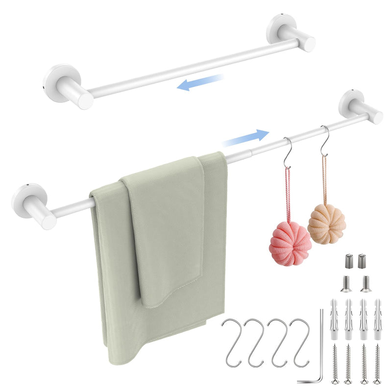 Adjustable Single Bath Towel Bar 16 to 27.6 Inch, ZUEXT Oil Rubbed White Stainless Steel Towel Holder Hanger,Expandable Wall Mount Towel Rail for Bathroom Kitchen,1" Tube Towel Rail Racks w/Hooks White Single Towel Bar 1