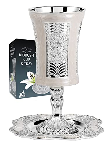 Ner Mitzvah Tall Kiddush Cup and Tray - Premium Quality Marble and Silver Plated Goblet With Stem - Shabbat and Havdalah Goblet - Judaica Shabbos and Holiday Gift