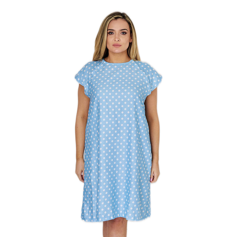 [Australia - AusPower] - Hospital Gown for Women Labor & Delivery, 100% Cotton Easy Snap Back Closure, Shoulder Snap Polkadot Patient Gown Large-X-Large Blue 