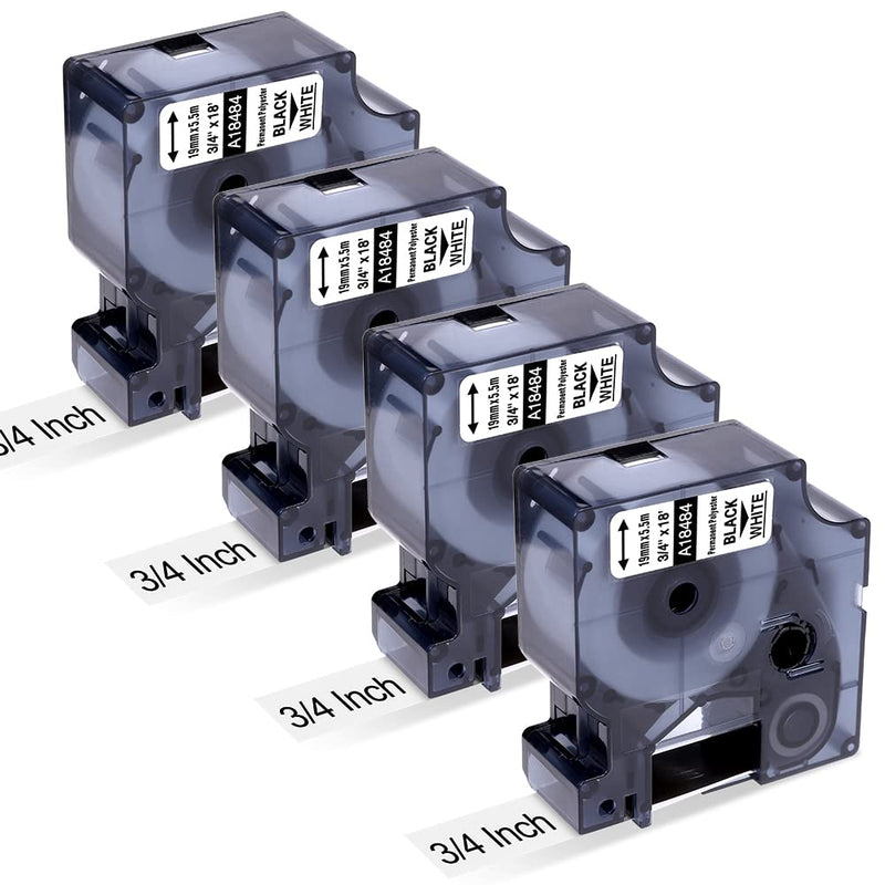 Replace for Dymo18484 Label Tape 3/4 19mm Use for Rhino 4200 5200 6000 3000 Industrial Label Makers, Compatible with Dymo Rhino Permanent Polyester Label Tape Black on White 3/4" x 18', 4 Pack 3/4"