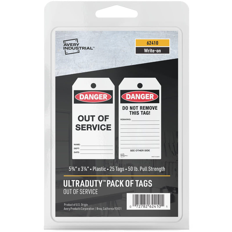 [Australia - AusPower] - Avery UltraDuty Safety Tags, 50lb Pull-Strength, 25ct, 5.75" x 3.25" Danger Out of Service Tags (62410) 
