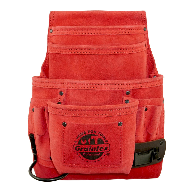 Graintex 10 Pocket Nail & Tool Pouch, Suede Leather Tool Bag, Tool Belt for Constructors, Electricians, Handymen, HVAC Tools, Professional Organizer with Adjustable Fit Red