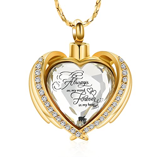 Imrsanl Cremation Jewelry for Ashes Pendant - Crystal Heart Urn Necklace with Mini Keepsake Urn Memorial Ash Jewelry Gold-White Stone