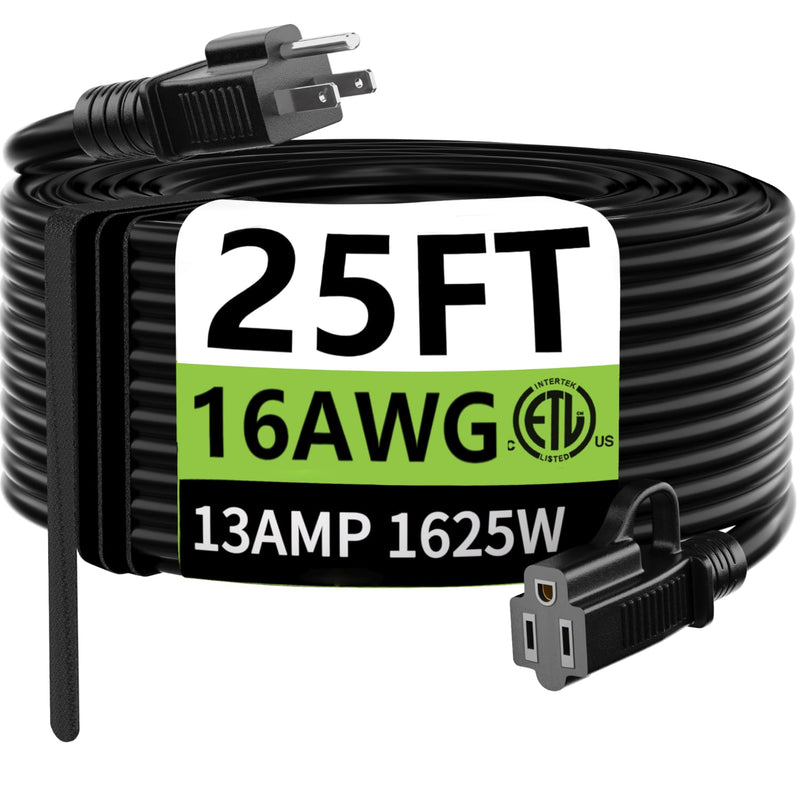 [Australia - AusPower] - HUANCHAIN Indoor Outdoor Black Extension Cord 25 ft Waterproof, 16/3 Gauge Flexible Cold-Resistant Appliance Cord Outside, 13A 1625W 16AWG SJTW, 3 Prong Heavy Duty Electric Cord, ETL 